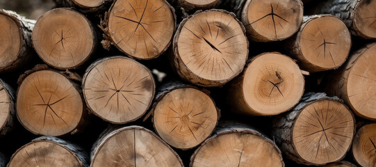 Sticker - Stack of wooden stumps in cross section texture background, Wood industry background, Firewood.