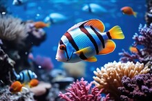 Underwater Coral Reef Landscape In The Deep Blue Ocean With Colorful Fish And Marine Life.