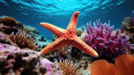 Wall Mural - Tropical sea underwater starfish on coral reef, Landscape nature snorkeling diving.