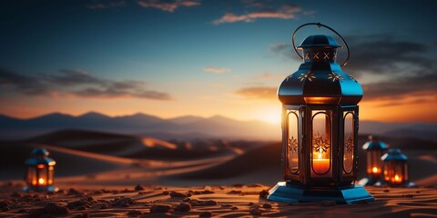 Wall Mural - Ornamental Arabic lantern with burning candle glowing at night. Festive greeting card. generative ai