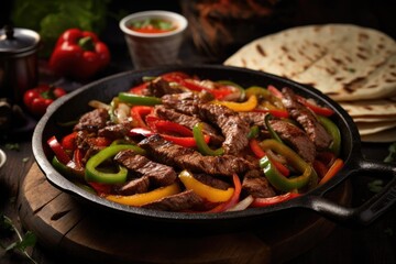 Delicious Beef Fajitas: Juicy meat, vibrant bell peppers, tortilla bread. Perfect combo for a mouthwatering meal.