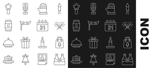 Sticker - Set line Champagne bottle, Christmas shopping bag, Sparkler firework, mitten, Festive mask, Beer can, star and Calendar icon. Vector