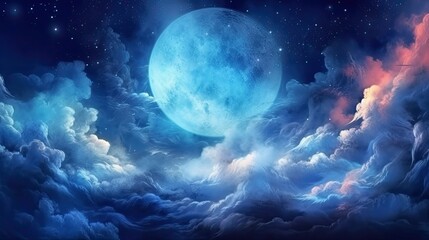 a celestial night sky with a full moon and shimmering stars illuminating the darkness. colorful illu