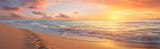 Fototapeta Zachód słońca - Summer Vacation background - Footprints on tropical beach at sunset time