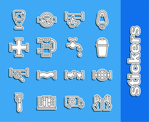 Sticker - Set line Rubber gloves, Industry pipe and valve, Bucket, Broken, Heated towel rail, metallic, Toilet bowl and Water tap icon. Vector