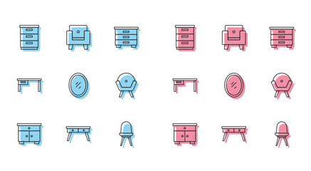 Sticker - Set line Furniture nightstand, Office desk, Chair, Mirror, Armchair, and icon. Vector