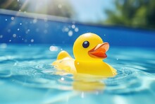 Toy Yellow Duck Swims In Pool.