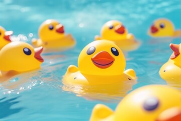 Poster - toy yellow duck swims in pool.