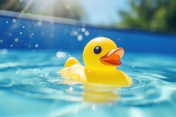 Poster - toy yellow duck swims in pool.