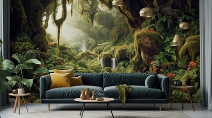 Wall Mural - A serene waterfall cascading down a lush green mountain in a tranquil setting. Colorful illustration art. Generative AI