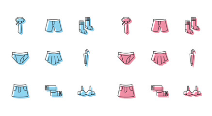 Sticker - Set line Skirt, Winter scarf, Tie, Bra, Umbrella, Men underpants and Short or icon. Vector