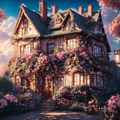 A huge two-storey house decorated with flowers with sunset lights in a very beautiful view