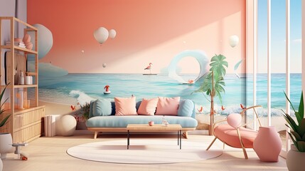 Wall Mural - A soothing abstract seascape with gentle waves and a soft color palette, evoking a sense of serenity and peace. Colorful illustration art. Generative AI