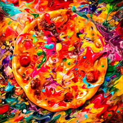 Wall Mural - Concept art of a colored pizza with an explosion of paint and ingredients on a bright background.Generative AI