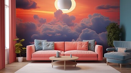 Wall Mural - An abstract sunset sky with fiery hues and wispy clouds, imbuing a sense of warmth and tranquility. Colorful illustration art. Generative AI