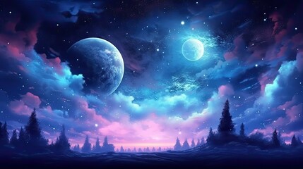 Wall Mural - A celestial night sky with a full moon and shimmering stars illuminating the darkness. Colorful illustration art. Generative AI