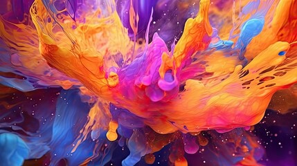 Wall Mural - A dynamic abstract composition with fluid lines and splashes of vibrant colors, radiating energy and spontaneity. Colorful illustration art. Generative AI