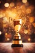 © olegganko - Winner golden trophy sparkle background. Illustration AI Generative.