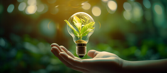 Wall Mural - hand holding light bulb against nature on green leaf with energy sources, sustainable developmen and