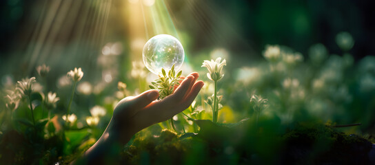 Wall Mural - hand holding light bulb against nature on green leaf with energy sources, sustainable developmen and