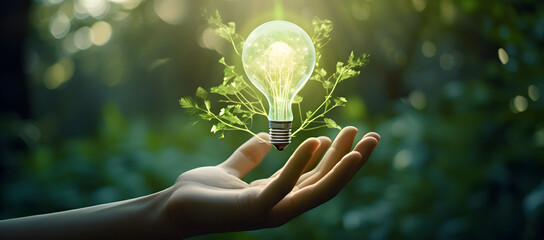 Wall Mural - Hand holding light bulb against nature on green leaf with energy sources, Sustainable developmen and responsible environmental, Energy sources for renewable, Ecology concept.