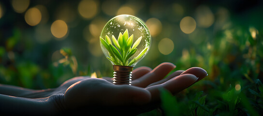 Wall Mural - hand holding light bulb against nature on green leaf with energy sources, sustainable developmen and