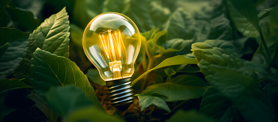 Wall Mural - hand holding light bulb against nature on green leaf with energy sources, sustainable developmen and