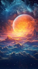 Wall Mural - A celestial night sky with a full moon and shimmering stars illuminating the darkness. Colorful illustration art. Generative AI