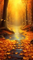 Wall Mural - A serene autumn forest with golden leaves falling gently to the forest floor. Colorful illustration art. Generative AI