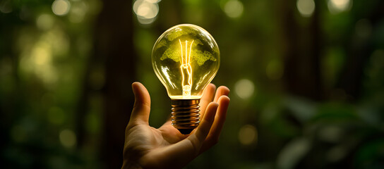 Wall Mural - hand holding light bulb against nature on green leaf with energy sources, sustainable developmen and