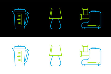 Poster - Set line Kitchen meat grinder, Measuring cup and Table lamp icon. Vector