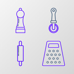 Sticker - Set line Grater, Rolling pin, Pizza knife and Pepper icon. Vector