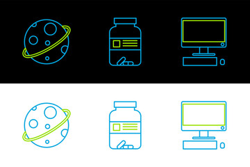 Sticker - Set line Computer monitor with keyboard and mouse, Planet and Medicine bottle pills icon. Vector