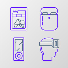 Sticker - Set line Virtual reality glasses, Music player, Air headphones in box and 3D printer icon. Vector