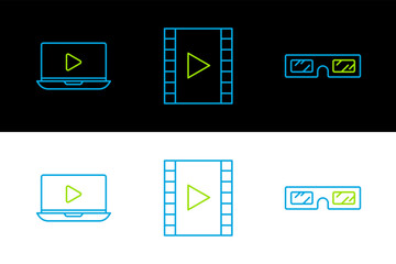 Poster - Set line 3D cinema glasses, Online play video and Play Video icon. Vector