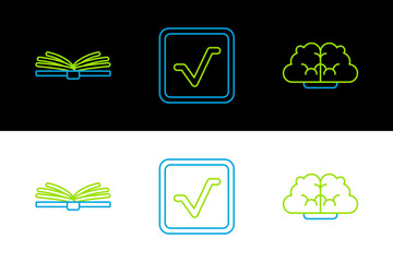 Poster - Set line Human brain, Open book and Square root icon. Vector