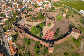 Wall Mural - Aerial view of Silves town with famous medieval castle and Cathedral, Algarve region, Portugal.