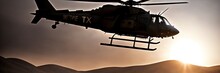 Silhouette Of Military Helicopter Ready To Fly From Conflict Zone. Helicopter Starting In Desert With Foggy Toned Backlit. War Concept. Modern War. Special Military Operation. Banner. Generative AI