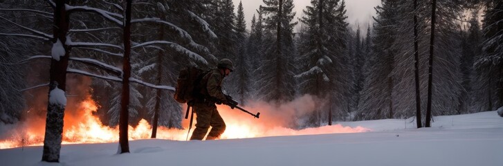 Wall Mural - Soldier in winter camouflaged uniform in Modern warfare army on a snow day on forest battlefield with a rifle move through fire and smoke. Modern war. Special military operation. Banner. Generative AI