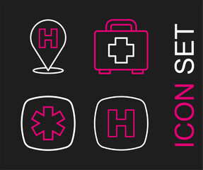 Sticker - Set line Hospital signboard, Emergency - Star of Life, First aid kit and Location hospital icon. Vector