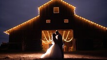 A Rustic Barn Wedding With String Lights And Wildflowers. Generative AI