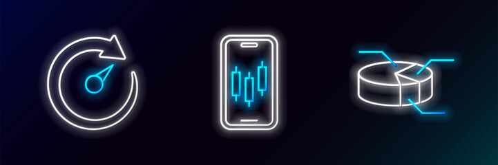 Poster - Set line Pie chart infographic, Digital speed meter and Mobile stock trading icon. Glowing neon. Vector