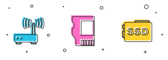Poster - Set Router and wi-fi signal, SD card and SSD icon. Vector