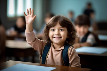 Sticker - The child raises his hand for an answer in the classroom. Back To School concept. Backdrop with selective focus