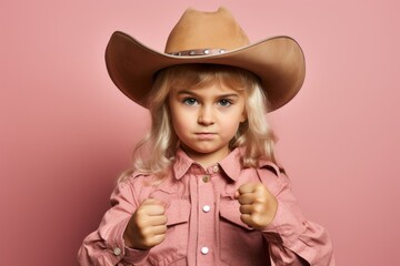 Wall Mural - Girl in a cowboy hat. Portrait with selective focus and copy space