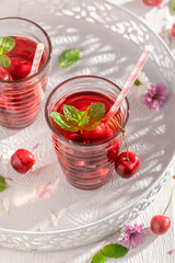 Wall Mural - Healthy lemonade with sweet cherries and mint.