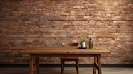 Poster - Rustic wood table against weathered brick backdrop. Generative AI