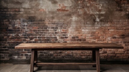 Wall Mural - Rustic wood table against weathered brick backdrop. Generative AI