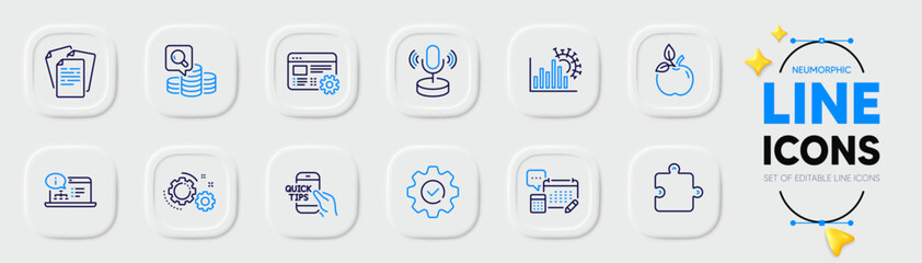 Puzzle, Execute and Documents line icons for web app. Pack of Microphone, Eco food, Gears pictogram icons. Account, Coronavirus statistics, Web settings signs. Education, Inspect. Vector