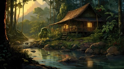 Wall Mural - Wood cabin in the jungle illustration drawing. Generative AI